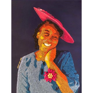 Submission to Authority (2) by Grace Awe | Thread and Acrylic on canvas Portrait of a smiling woman. For Sale