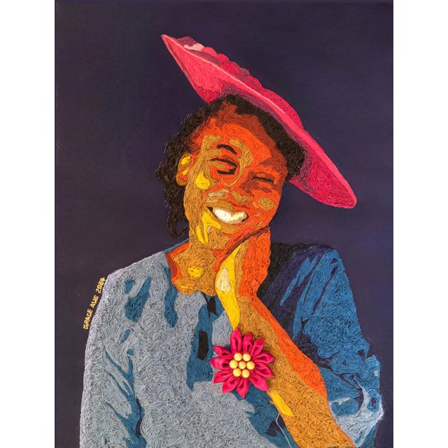 Submission to Authority (2) by Grace Awe | Thread and Acrylic on canvas Portrait of a smiling woman. For Sale
