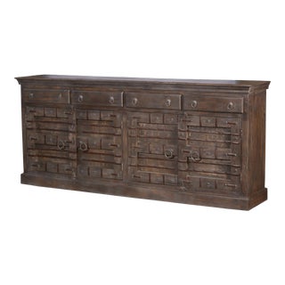 Rustic 89" Long Solid Wood Credenza With Drawers & Iron Strap Accents | Dark Brown Distressed Extra Large Sideboard | Unique Buffet For Sale