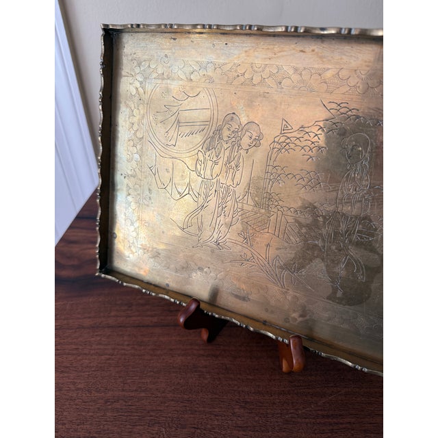 Antique Early 20th Century Engraved Chinese Brass Opium Tray With Scalloped Rim For Sale - Image 12 of 17