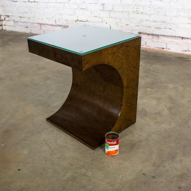 Late 20th Century Modern Geometric Crescent End or Side Table Burl Veneer With Rectangle Glass Top For Sale - Image 18 of 18