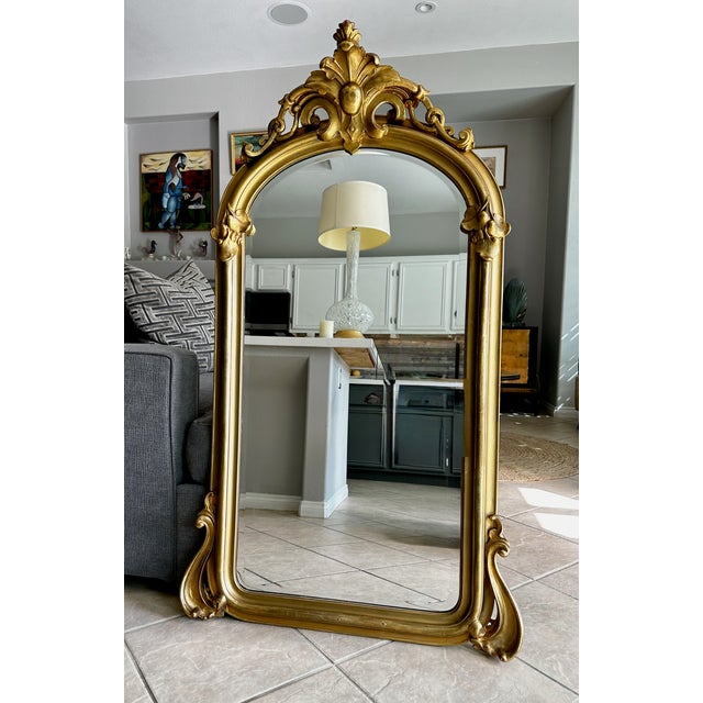 Wood 19th Century French Rococo Style Gold Gilt Arched Floor or Wall Mirror For Sale - Image 7 of 18
