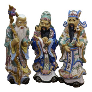3 Ceramic Fu Lu Shou Star Gods Good Fortune Prosperity Longevity Statues 23" For Sale