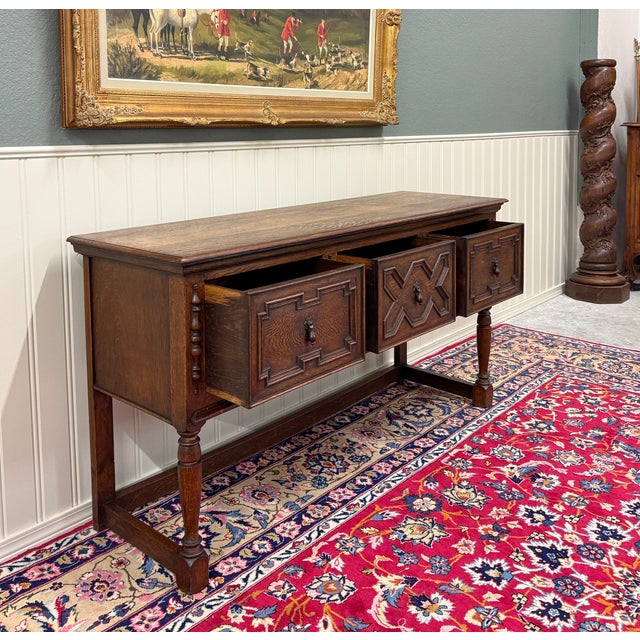 Antique English Jacobean Console Buffet Sideboard Sofa Table Oak c.1930s For Sale - Image 9 of 17