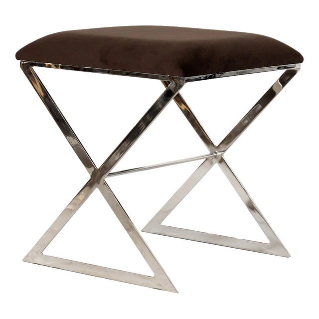 Matthew Izzo Home X Side Stool in Brown Velvet Upholstery and Polished Nickel Base For Sale