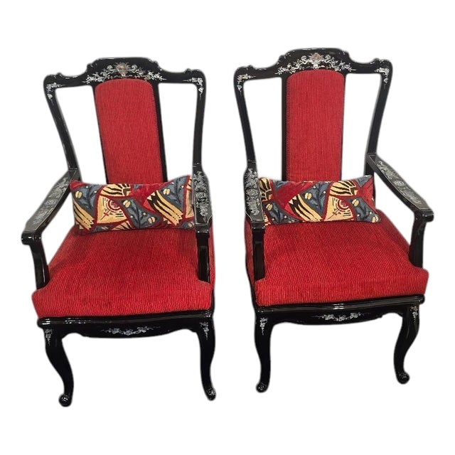 Pair of Vintage Asian Black Lacquer Armchairs With Mother-of-Pearl Inlay – Dragon & Phoenix Motif For Sale