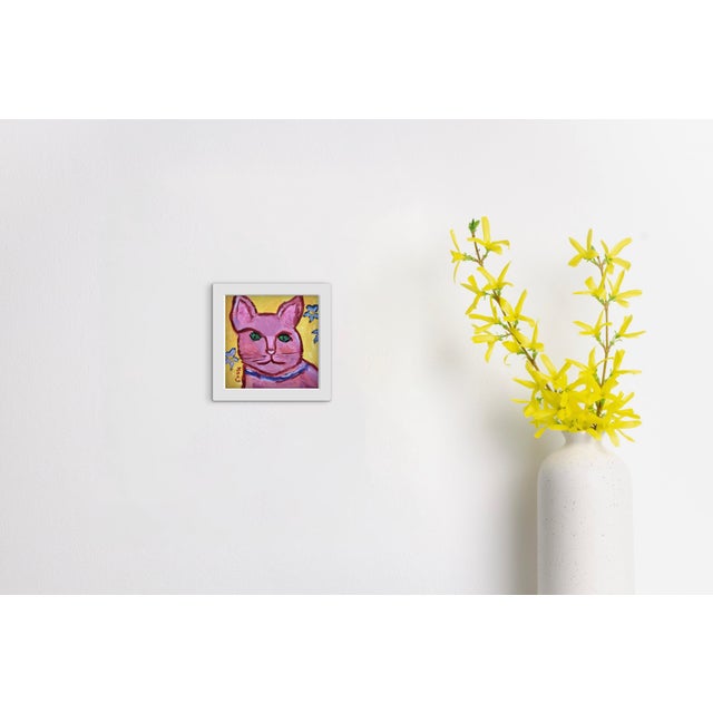 Modern Narratives Collection — “Pink Cat With Green Eyes” (6″×6″, Original Oil on Wood) For Sale - Image 11 of 18