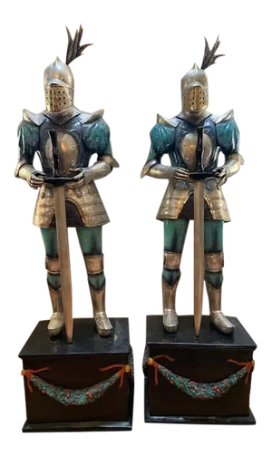 Vintage Life-Size Medieval Bronze Knight Statues on Rolling Mounted Bases – Pair