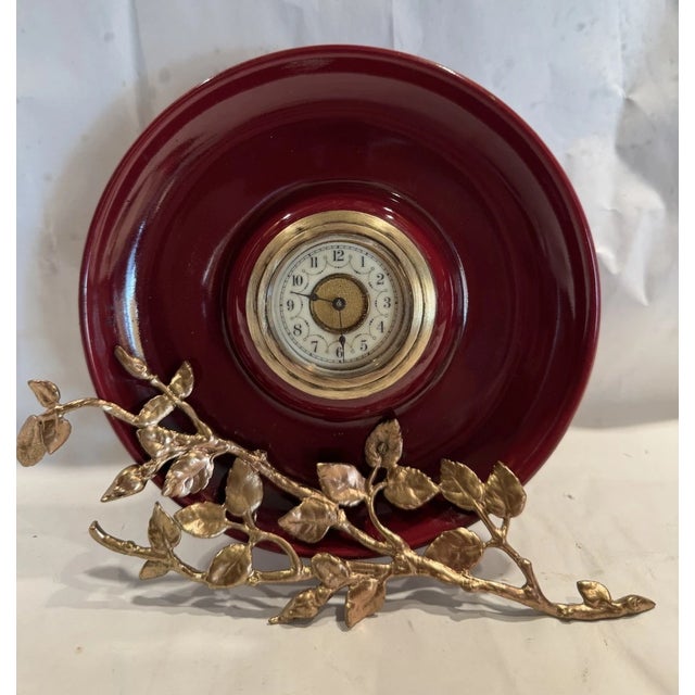 Art Nouveau Antique German Art Nouveau Ceramic Dish Desk Clock With Metal Detailing For Sale - Image 3 of 11