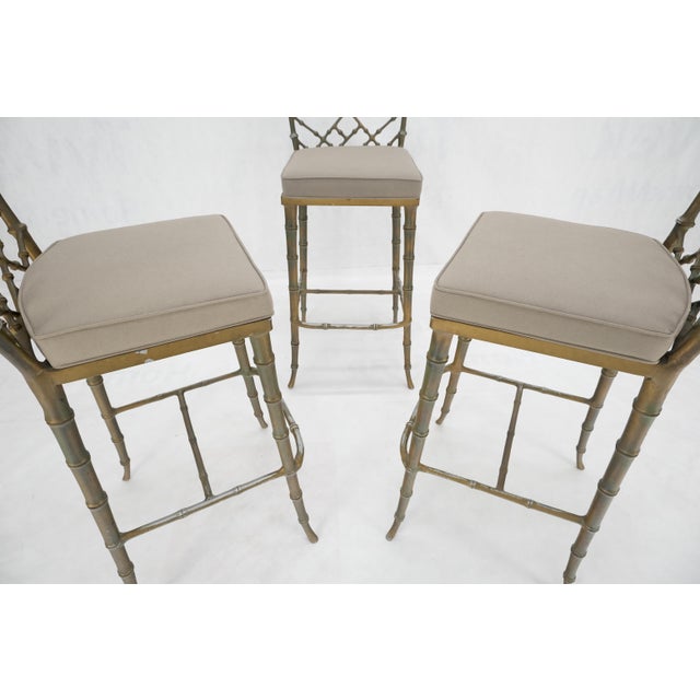 Mid-Century Modern Cast Aluminum set of 3 Faux Bamboo Bar Stools New Alcantera Fabric Upholstery For Sale - Image 3 of 12
