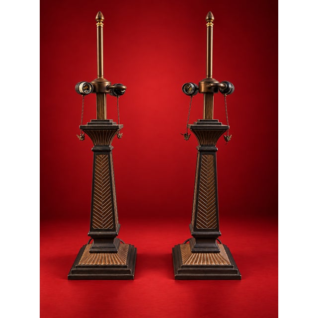 Neoclassical Bronze-Tone Column Table Lamps - Pair For Sale - Image 4 of 6