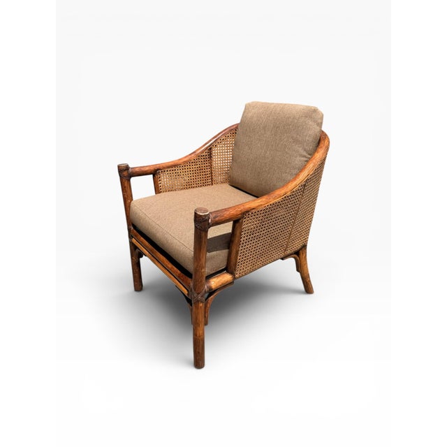 English Set of 4 Vintage McGuire San Francisco Bamboo Rattan & Cane Lounge Dining Armchairs For Sale - Image 3 of 17