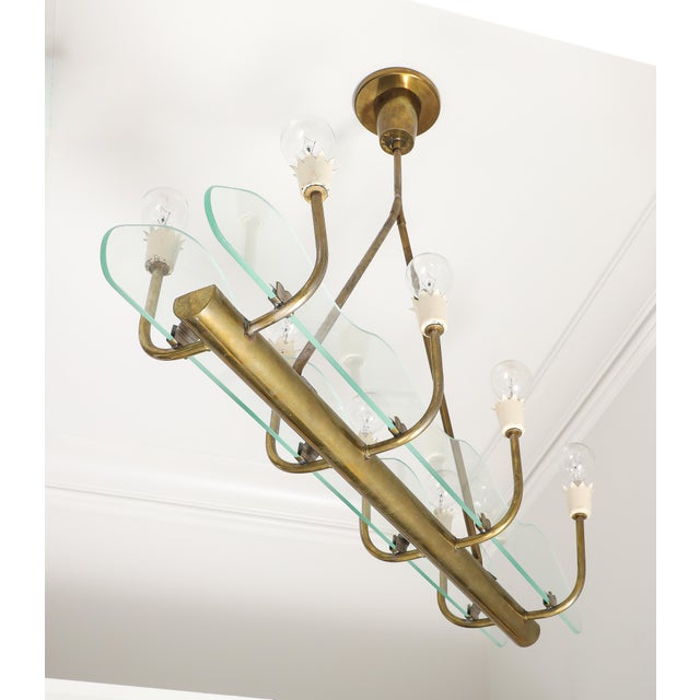 Italian 1930s Italian Art Deco Brass and Glass 8-Light Pendant For Sale - Image 3 of 15
