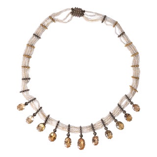 1890s Victorian 28 Carats Imperial Topaz and Pearl Choker Necklace Gold Silver For Sale