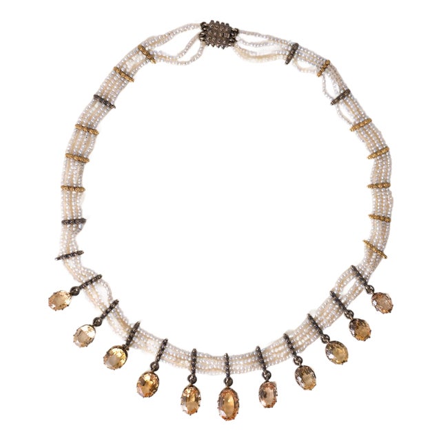 1890s Victorian 28 Carats Imperial Topaz and Pearl Choker Necklace Gold Silver For Sale