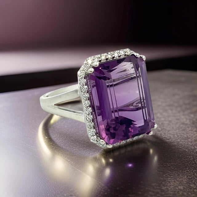 Natural Amethyst Diamond Ring Size 6.5, 14k Gold 12.48 TCW Certified For Sale - Image 11 of 13