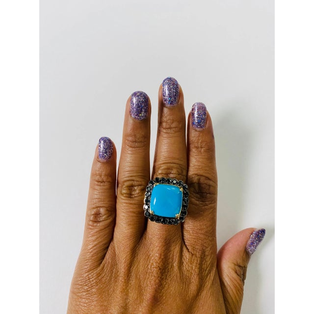 10.94 Carat Turquoise Black Diamond 14 Karat Yellow Gold Cocktail Ring For Sale In Los Angeles - Image 6 of 6