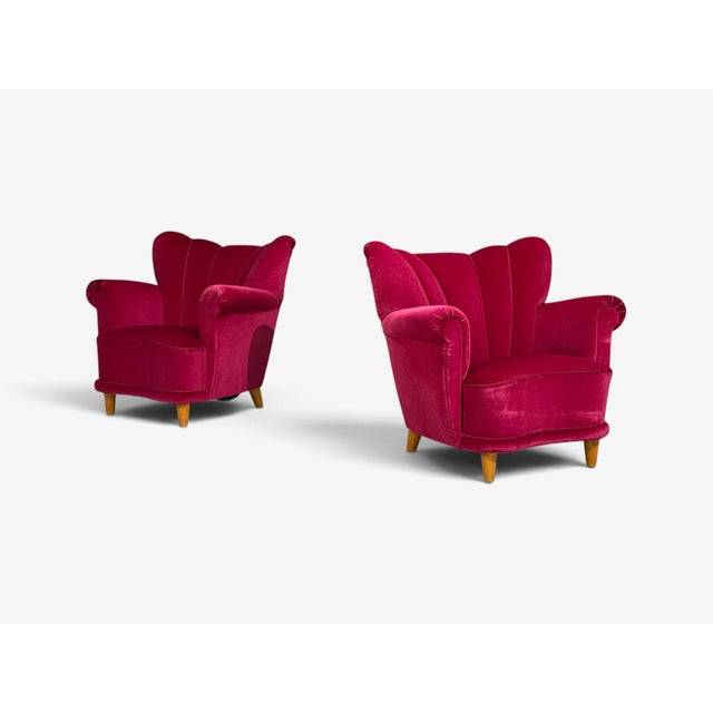 1940s Swedish Cabinetmaker, Lounge Chairs, Red Velvet, Lacquered Wood, Sweden, 1940s For Sale - Image 5 of 13