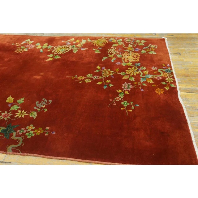 Textile 1930s Ruby Red Floral Antique Chinese Art Deco Carpet 6' X 8' 6'' Knotted Pile Wool Rug For Sale - Image 7 of 11