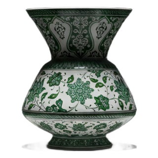 Handmade Ceramic King Vase (30cm) Emerald Green Hatai Pattern Pedestal Form For Sale