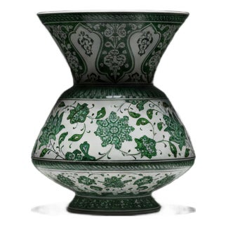 Handmade Ceramic King Vase (30cm) Emerald Green Hatai Pattern Pedestal Form For Sale