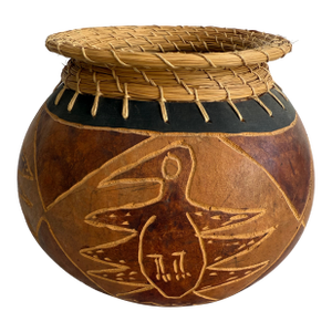 Vintage Carved African Gourd With Basket Rim