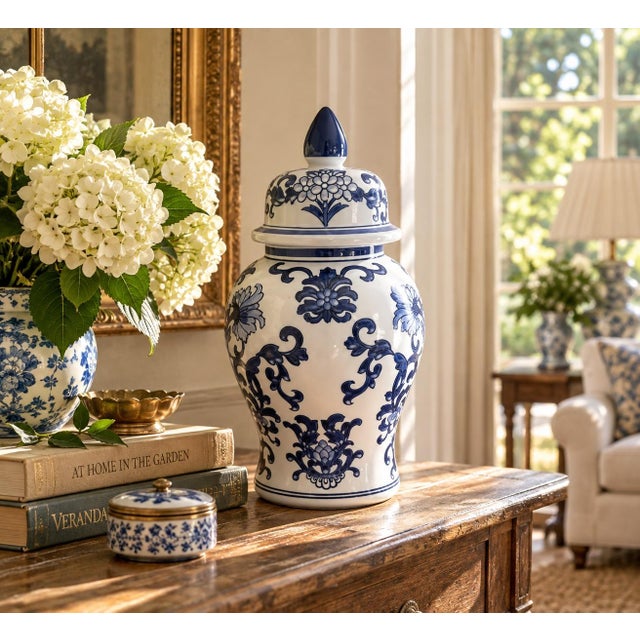 A classic blue and white ginger jar, decorated throughout with delicate Chinese floral motifs. The pattern is dense yet...
