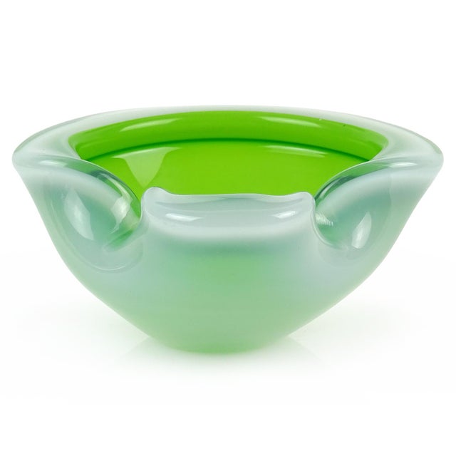 Murano Vintage Opalescent Green White Italian Art Glass Decorative Folded Rim Bowl Ashtray For Sale In Orlando - Image 6 of 6