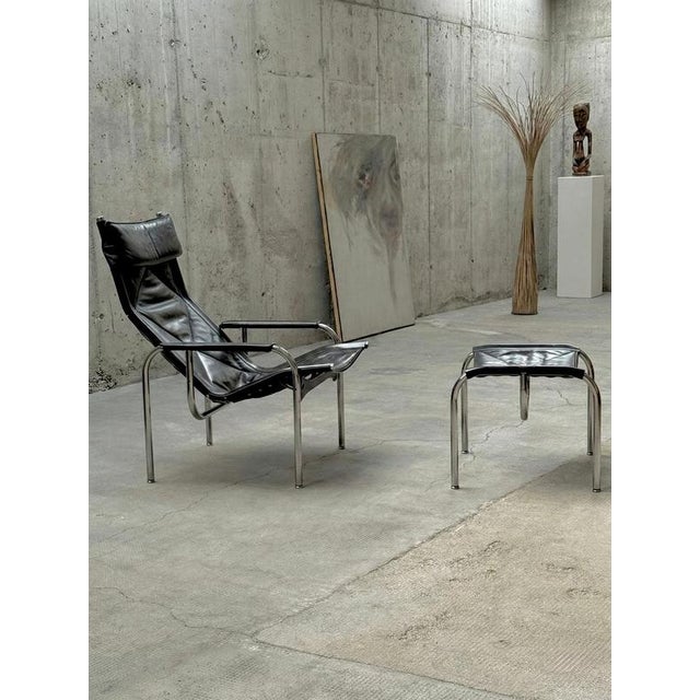 Black Set of Lounge Armchair and Ottoman in Leather by Hans Eichenberger for Strässle, Switzerland, 1970s For Sale - Image 8 of 8
