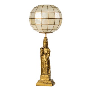 Vintage Statement Table Lamp Featuring Gold Guan Yin Figure and Capiz Shell Globe Shade For Sale