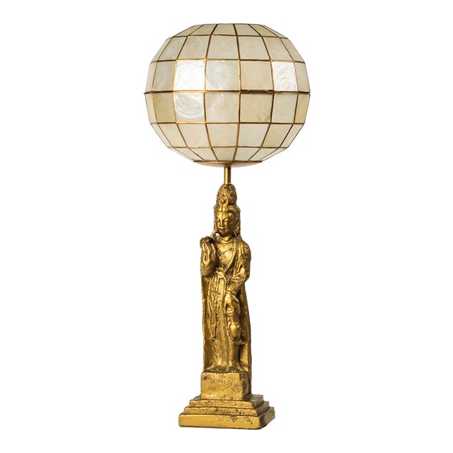Vintage Statement Table Lamp Featuring Gold Guan Yin Figure and Capiz Shell Globe Shade For Sale