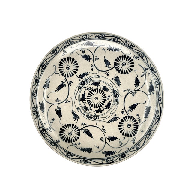 Vintage Bat Trang Vietnamese Ceramic Dinner Plates Blue With Blue and Cream Lotus Floral Motifs - Set of 6 For Sale - Image 9 of 12
