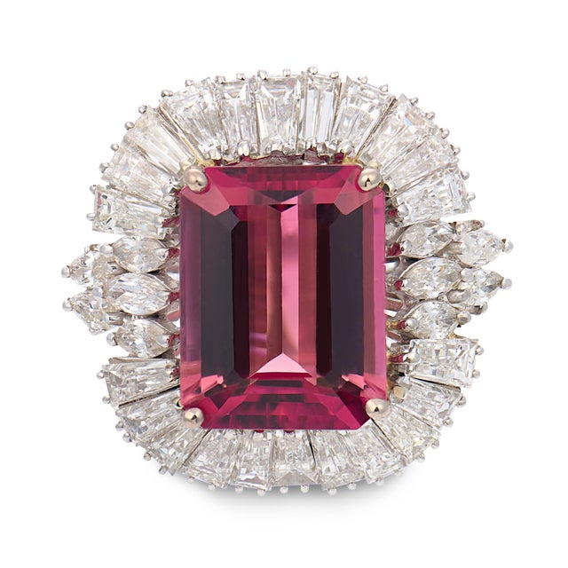 Contemporary 1950s Mid Century 8.00 Carat Pink Tourmaline Diamond 18k Gold Ballerina Ring, Size 7.5 For Sale - Image 3 of 7