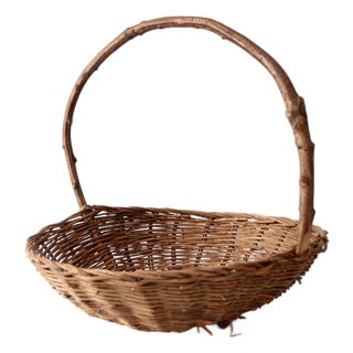 Antique Willow Gathering Basket With Branch Handle For Sale