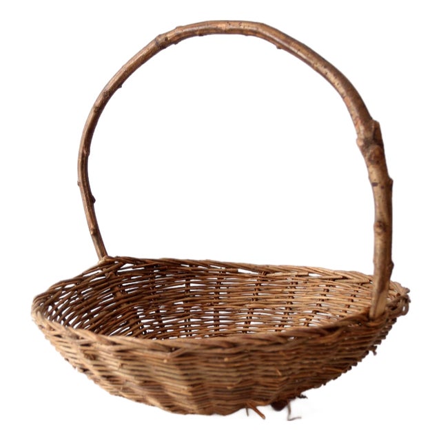 Antique Willow Gathering Basket With Branch Handle For Sale