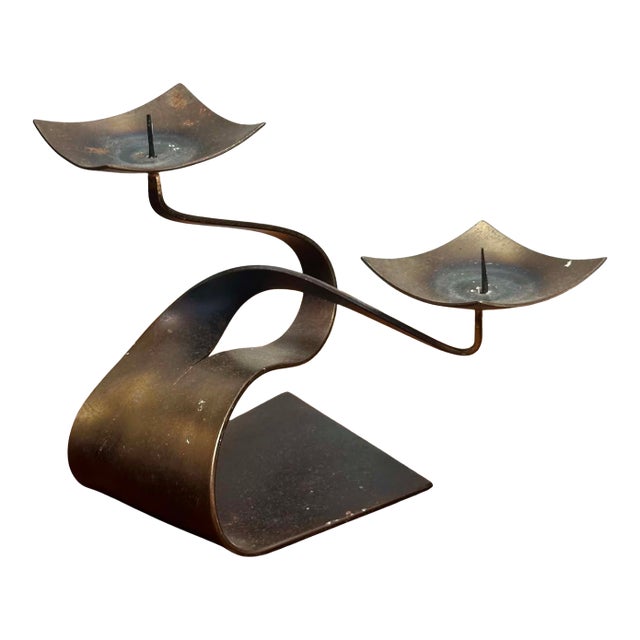 xVintage Ferart Artisan Sculptural Metal Double Candle Holder For Sale