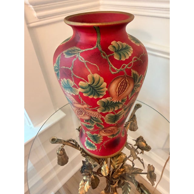 Chinoiserie Hand-Painted Red Chinoiserie Style Vase With Birds & Pomegranate Motif For Sale - Image 3 of 8