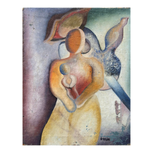 Colorful Abstract Cubist Figurative Painting, Signed Galin