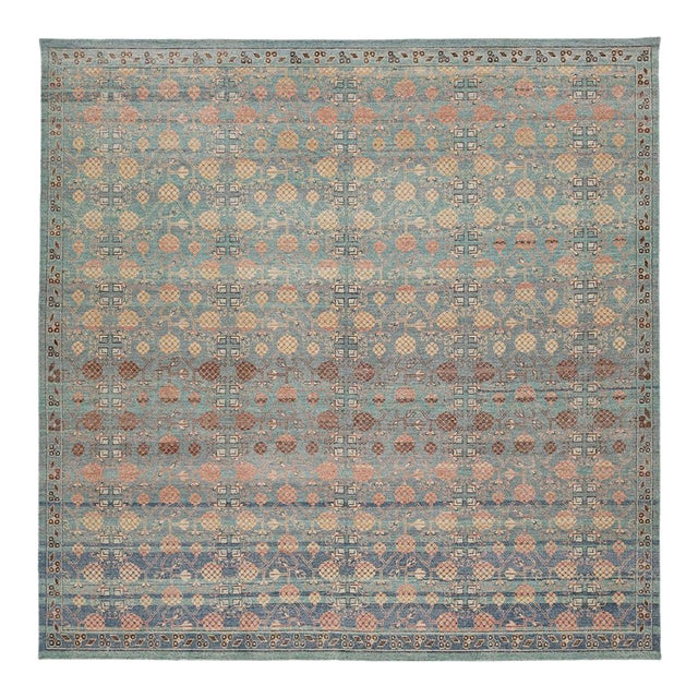 Modern Tabriz Style Wool Area Rug – Faded Teal, Terracotta & Ochre Traditional For Sale