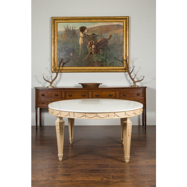 Mid 20th Century Mid 20th Century Italian Vintage Neoclassical Style Pine Dining Table with Marble Top and Swags For Sale - Image 5 of 12