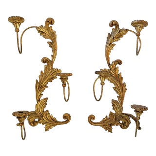 Vintage Italian 'Palladio' Carved Wood 3-Candle Wall Sconces- a Pair For Sale