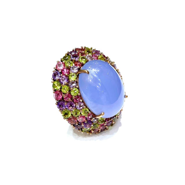 Bochic “Orient” Vintage Chalcedony & Multi Gem Cocktail Ring - 18K Gold & Silver For Sale In New York - Image 6 of 7
