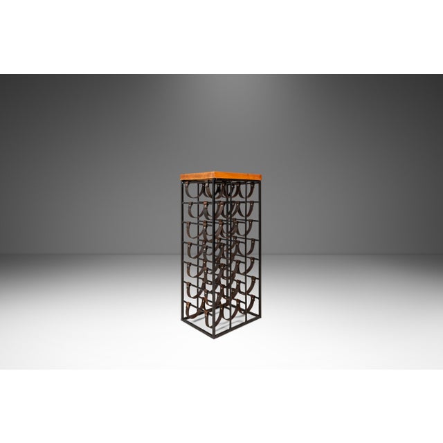 Mid-Century Modern Mid-Century Modern 21 Bottle Wine Rack in Leather & Wrought Iron W/ Butcher Block Top Attributed to Arthur Umanoff, Usa, C. 1960s For Sale - Image 3 of 18