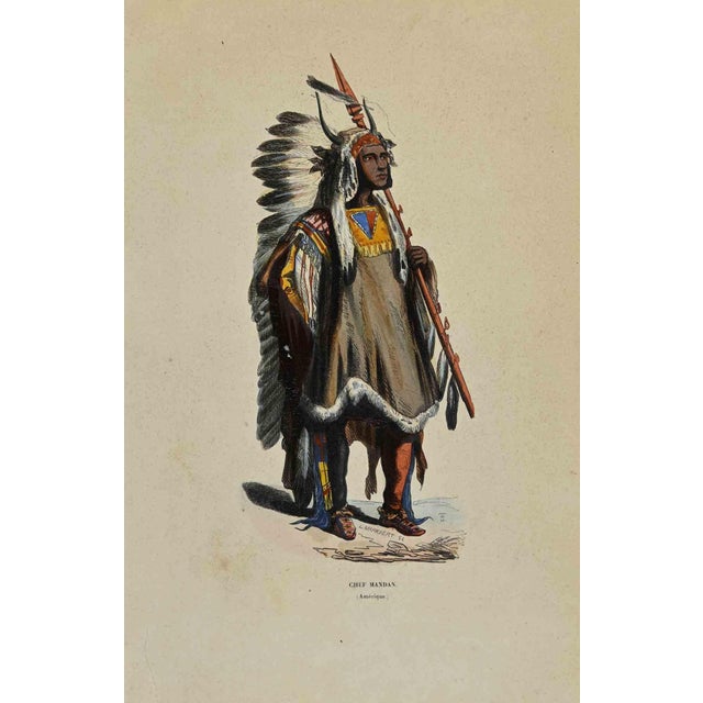 Chef Mandan is a hand colored lithographs made by Auguste Wahlen in 1844. Good conditions. The artwork belongs to the...