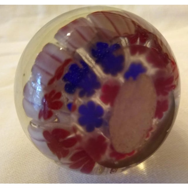 Vintage Millefiori Red and Blue Murano Blown Glass Paperweight For Sale - Image 4 of 5