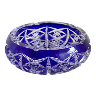 Vintage Cobalt Blue Cut-to-Clear Crystal Ashtray – Geometric Starburst Design – 8" For Sale