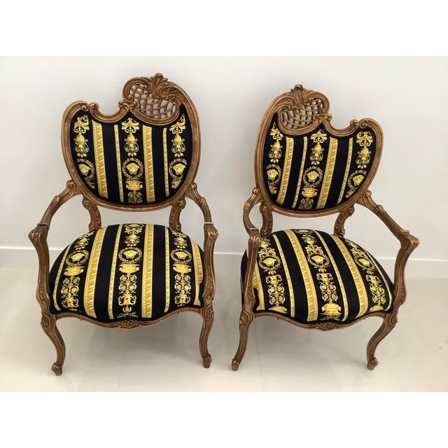 Pair of 2 vintage French style one of king chairs with Versace upholstery black gold Mendoza velvet please note chairs are...