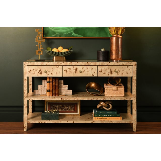 Not Yet Made - Made To Order Matthew Izzo Home Briar Burlwood Three Drawer Console With Two Open Shelves For Sale - Image 5 of 6