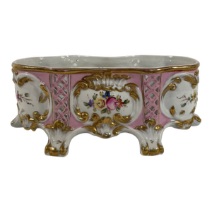 Mid 20th Century French Sorelle Gilded Porcelain Footed Jardiniere Cachepot