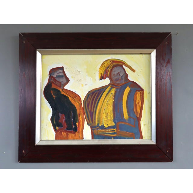 THE EXCHANGE Size: 22 x 26 inches (including frame) Oil on canvas A captivating and expressive mid-century figurative...